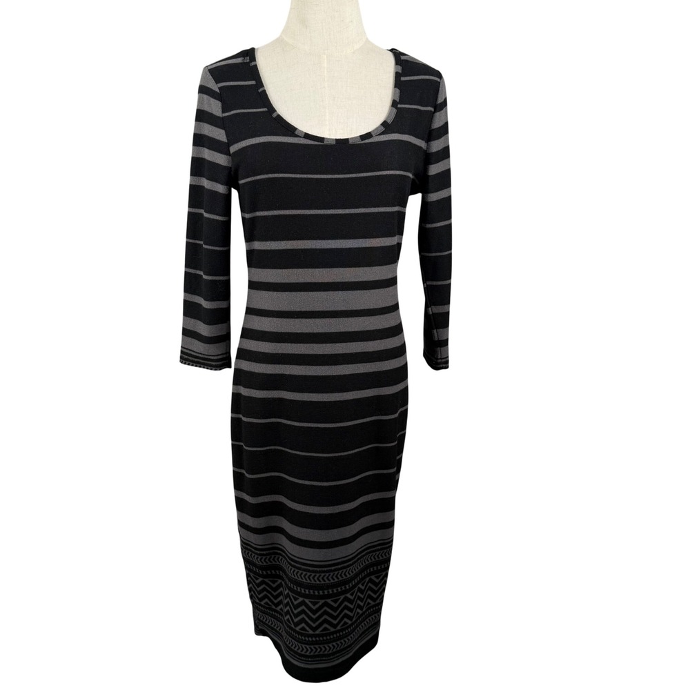 Feathers Womens L Midi Sheath Dress Black‎ Grey Striped Geometric Knit Casual